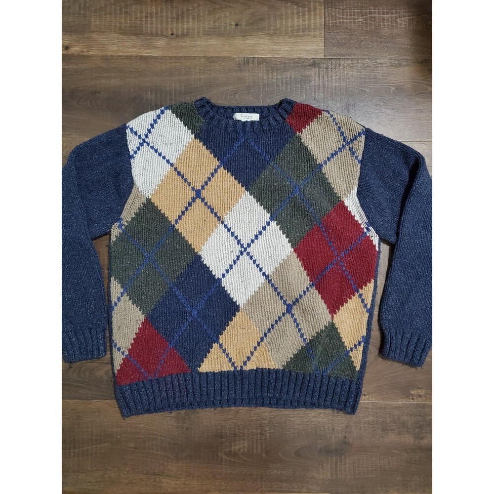 Turnbury Sweater Argyle Size 48 (Large) Silk Wool Cotton Blend Chunky Knit
